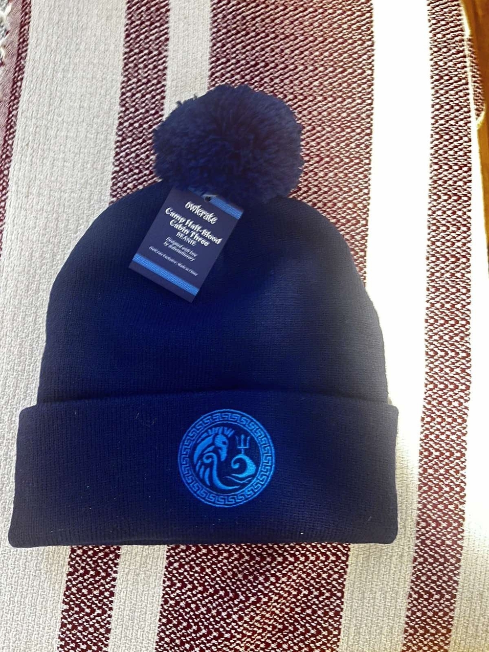 Navy Pom Beanie with Blue Embroidered Medallion